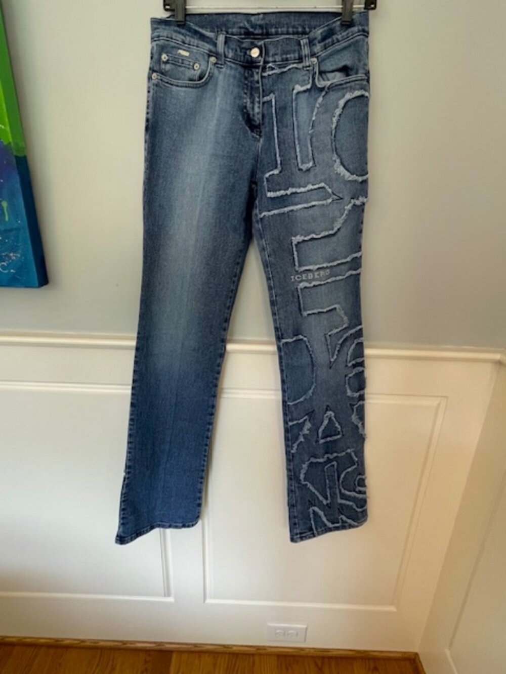 Vintage Iceberg Jeans Logo Patchwork Y2K Low/Mid Rise Bootcut Bling 30 - Picture 2 of 10